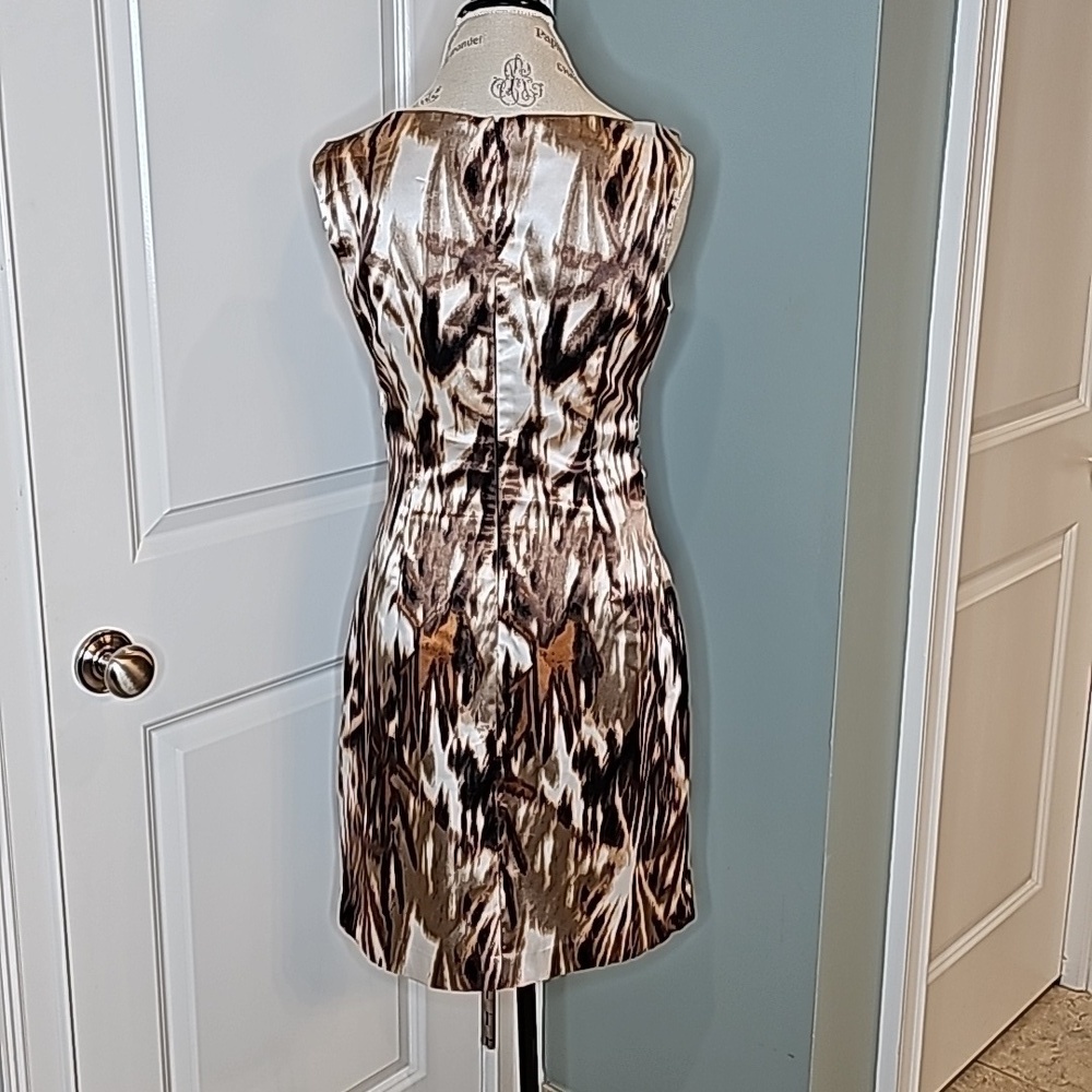 Maggie London Brown Tan Cream Faux Wrap Pleated Formal Party Dress - Size 12 - Picture 7 of 9